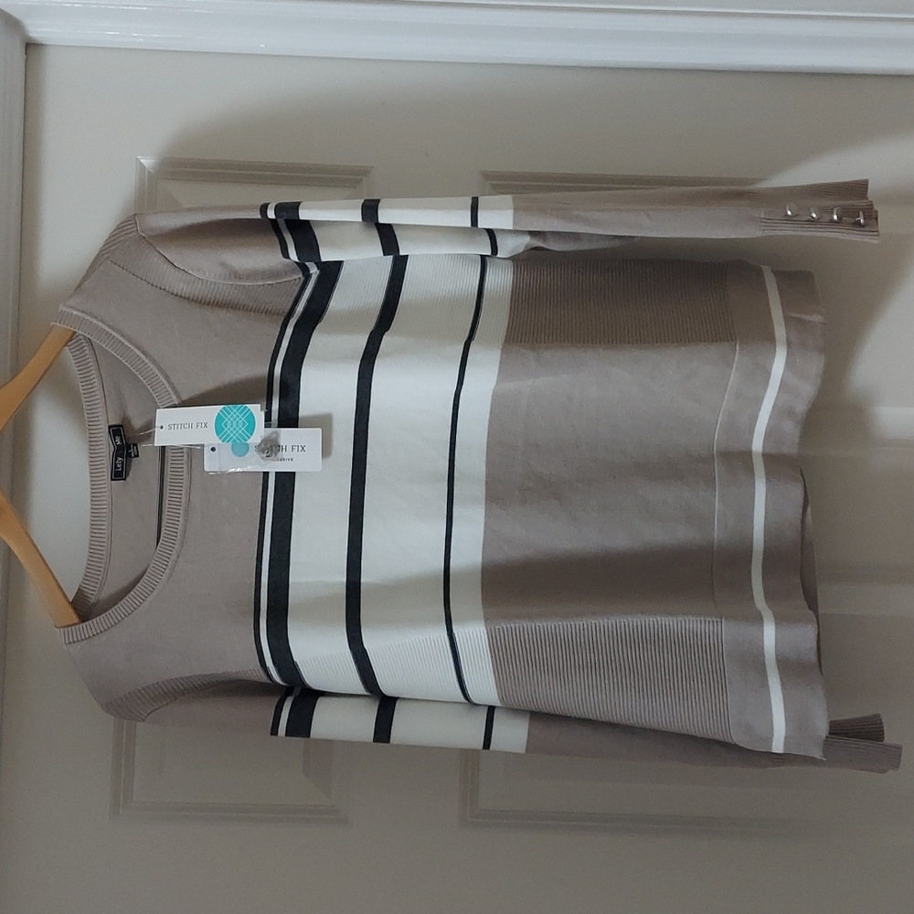 Laila Jayde Taupe & White Striped Crewneck Sweater